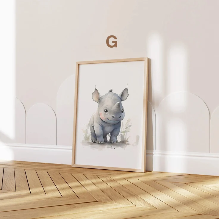 Poster Kinderzimmer Tiere Wald Dschungel Aquarell · Kinderzimmer Bilder · Wand Deko · Kunst Druck · Deko Print · ohne Rahmen - G Nashorn / 60x90 cm