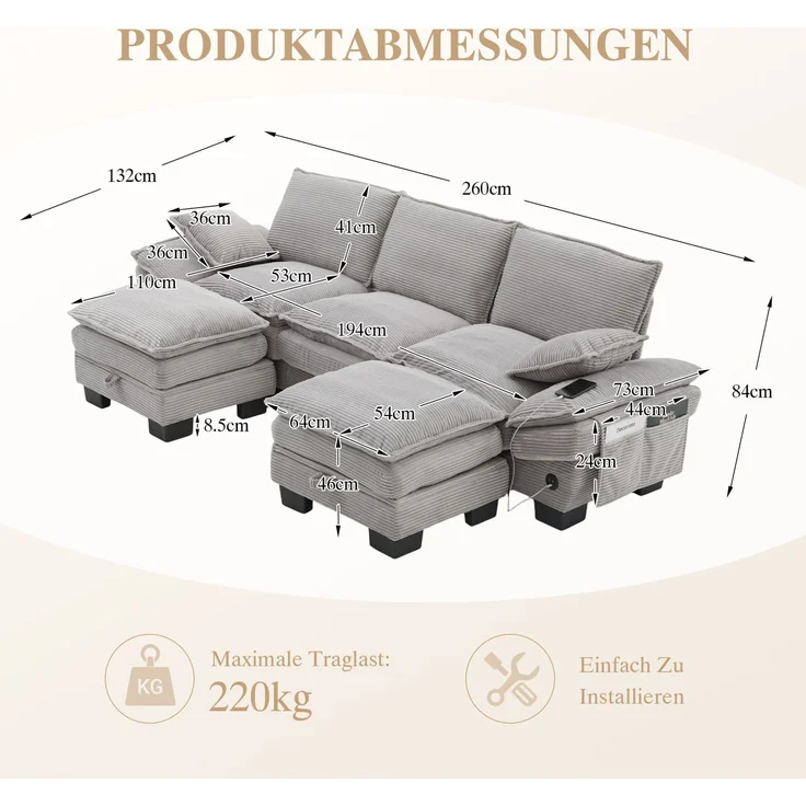 DESVIAE Sofa 3-Sitzer mit 2 Hockern, USB-C-Anschluss, Cord 260x84x132 cm Hellgrau – Bild 10