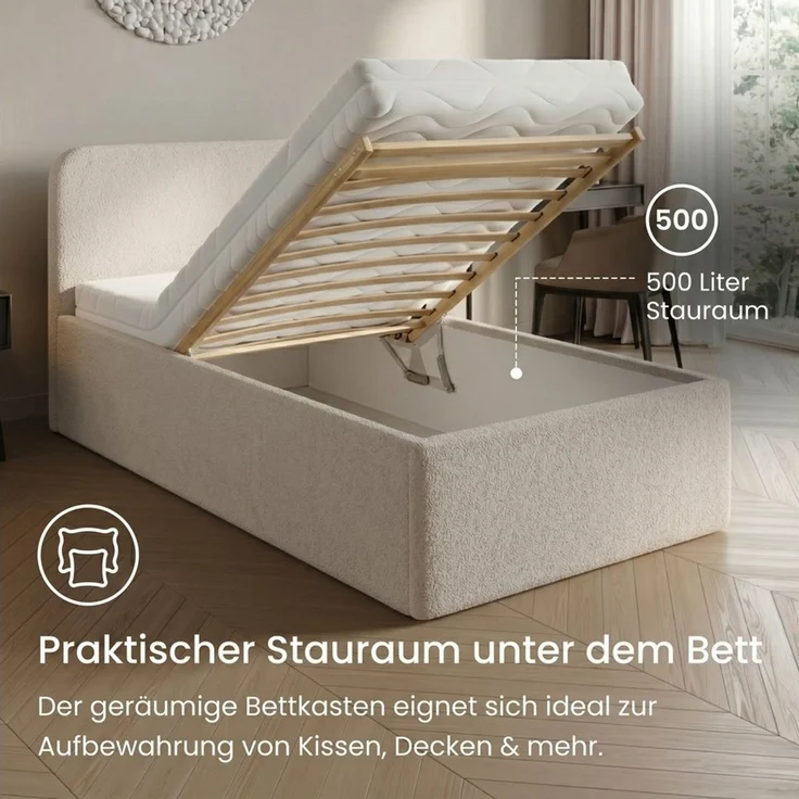 Home Collective Polsterbett Bett mit Stauraum, verstellbarem Lattenrost, viele Größen (Größen: 100x200 120x200 140x200 160x200 180x200 200x200, trendiger Bouclé-Stoff, made in Germany), wählbare Matratze Federkern oder Kaltschaum Creme – Bild 3