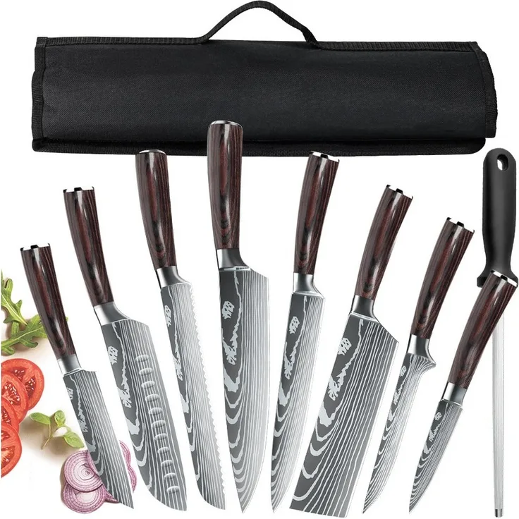 Fine Life Pro Messer-Set Küchenmesser Set mit Rolltasche (Set, 8-tlg), High Carbon Edelstahl Profi Kochmesser Set