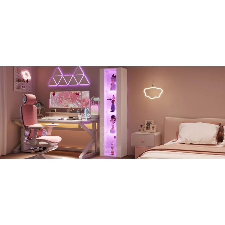ZUBALIYA Vitrine, mit LED-Beleuchtung, mit App-Steuerung, mit Glasböden, wandmontierbar, H 170 × T 40 × B 29 cm, Weiß, Spanplatte – Bild 25