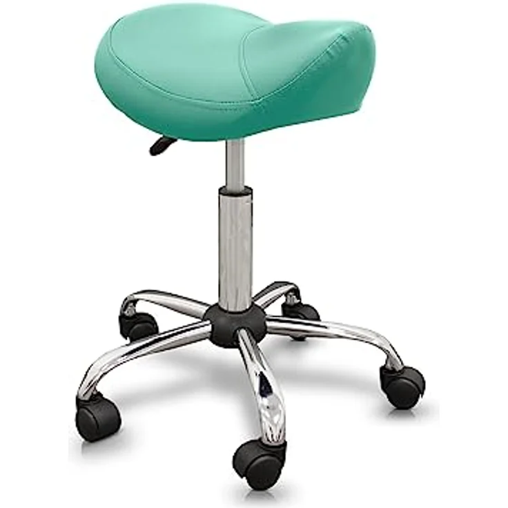 QUIRUMED Pony-Hocker, ergonomisch, mit Stahlgestell, grüne Farbe, Kunstlederpolsterung, höhenverstellbar, gepolsterter Sitz, drehbare Räder, bis 150 kg – Bild 2