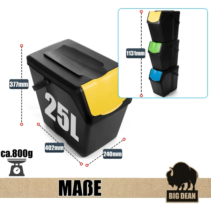 BigDean 3x25L Mülltrennsystem Küchenmülleimer 3 Fächer Stapelbar mit Henkel Abfalleimer Küche – Bild 2