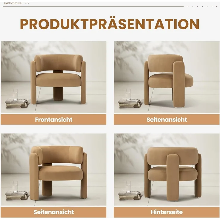 COLAMY Modern Velvet Ohrensessel 2er Set, Gepolsterter Sessel Wohnzimmer, Bequemer Runder loungesessel mit 3 Beinen für Wohnzimmer, Schlafzimmer, Leseecke, Khaki – Bild 8