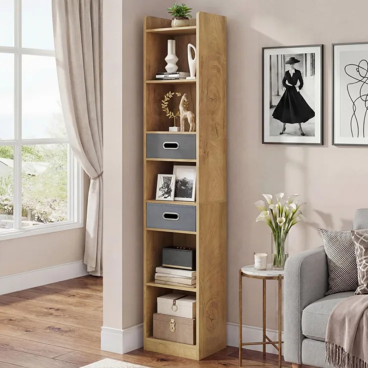 YITAHOME Hohes, schmales Bücherregal, schlankes Eckregal mit 5 Ebenen und 2 Stoffschubladen, freistehendes Regal für Wohnzimmer, Schlafzimmer, Büro, Eichenfarbe, 30 B × 24 T × 180 H cm