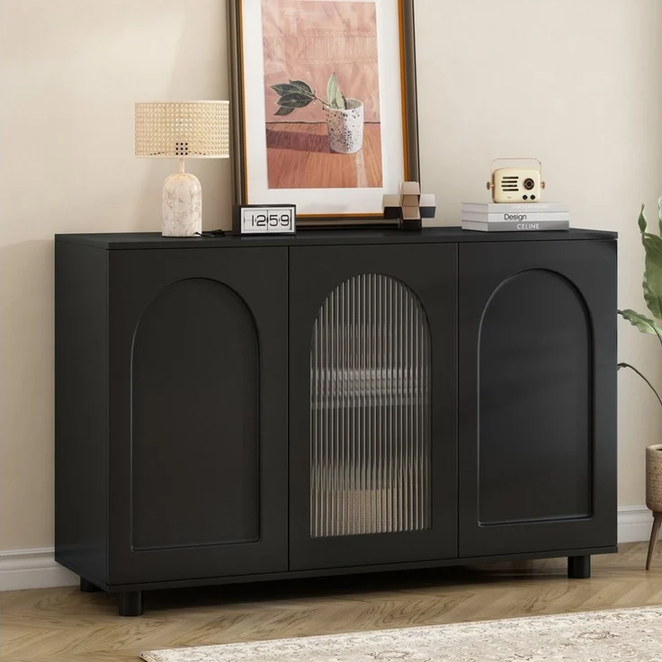STILVORA Sideboard mit Glastür,Aufbewahrungsschrank Beistellschrank grifflos,Schwarz – Bild 2