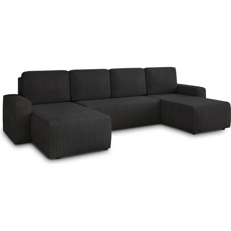Wohnlandschaft mit Schlaffunktion Roma - U-Form Couch, Schlafsofa mit Bettkasten, Couchgranitur mit Bettfunktion, Big Sofa, Cord Stoff (Schwarz (Poso 135)) – Bild 2