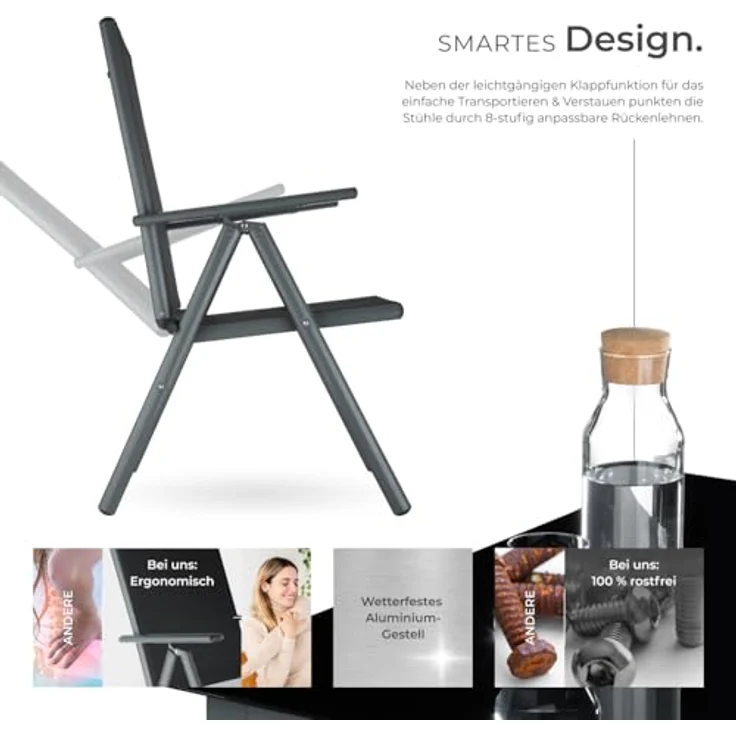 tectake® Sitzgarnitur Aluminium Klappstühle, Lounge Set mit 6X Stühle und 1x Glastisch Esstisch, Gartenmöbel Set wetterfest für den Balkon, Gartenstühle, Terrassenmöbel, Liegestuhl - anthrazit – Bild 4