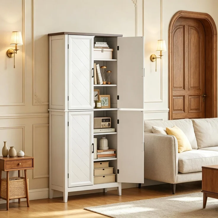 Küchenbuffet B 76 x T 40 x H 178,5 cm aus MDF in Weiß mit Holzoptik, 4 Türen – Bild 1