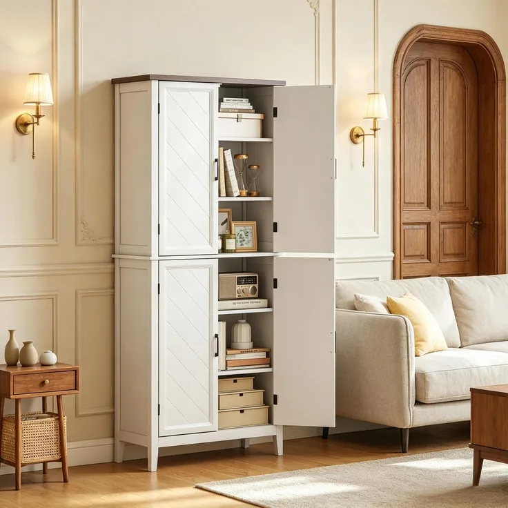 Küchenbuffet B 76 x T 40 x H 178,5 cm aus MDF in Weiß mit Holzoptik, 4 Türen