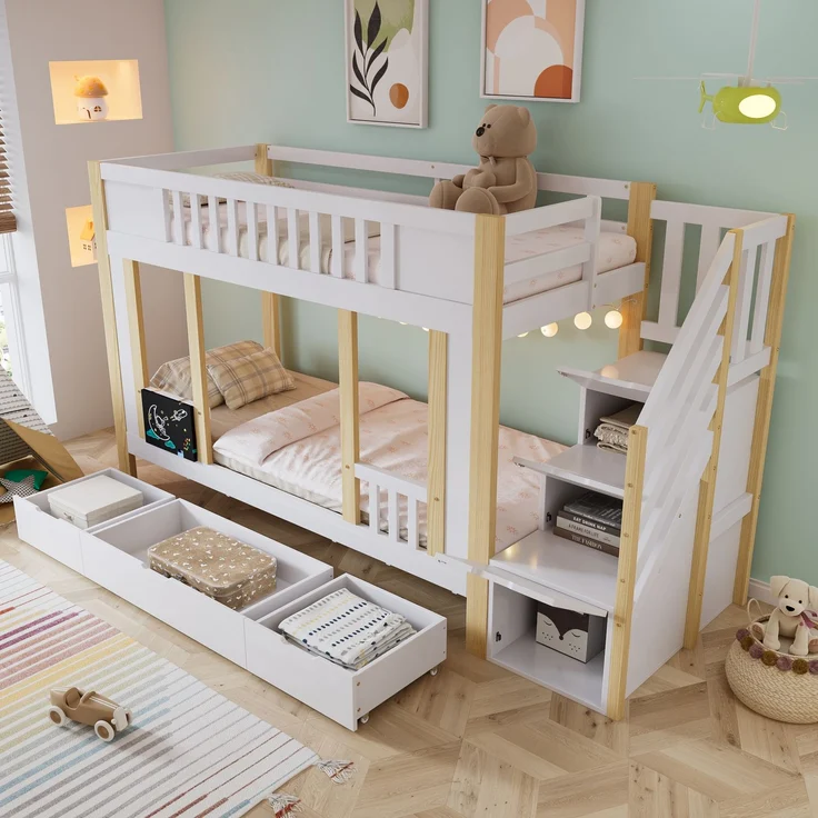 Etagenbett 90×200 cm platzsparendes Kinderbett mit Treppenschrank & 3 Schubladen auf Rollen,kleine Kritzeltafel,Weiß & Natur – Bild 2