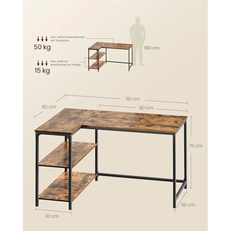 VASAGLE Eckschreibtisch in L-Form, Computertisch mit Stauraum, Bürotisch, höhenverstellbare Ablage, für Homeoffice, 110 x 80 cm, vintagebraun LWD135KD01 – Bild 3
