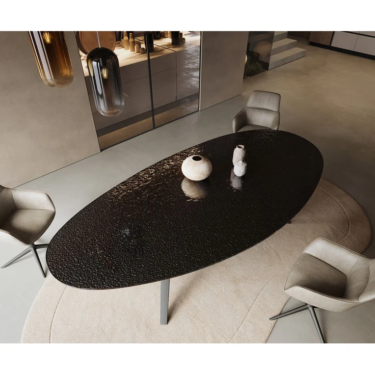 Esstisch Edge Oval 280x130 Reliefglas Rauchschwarz 3D-Design Zenthara kantig Metall Schwarz – Bild 4