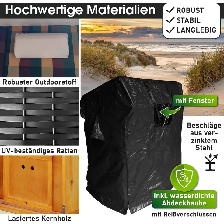 BRAST Strandkorb Usedom 3-Sitzer XXL für 2-3 Personen 165cm breit inkl. wetterfeste Abdeckhaube verstellbare Rückenlehne Fußkissen Rot/Grün/Beige - kariert – Bild 6