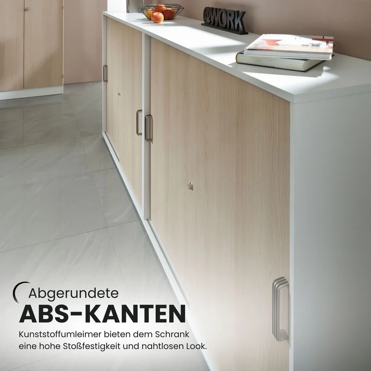 bümö Schiebetürenschrank 2OH - Aktenschrank abschließbar, Sideboard Schrank mit Schiebetüren in Weiß/Buche, Relinggriff - Büroschrank aus Holz mit Schiebetür, Büro Kommode für Ordner & Co, 1752S-W-6-RE – Bild 9