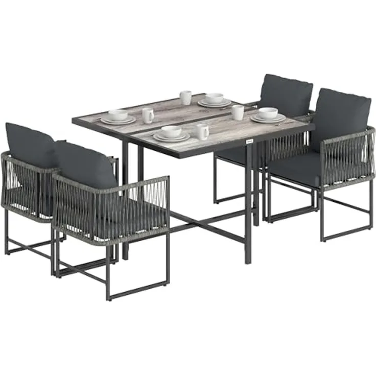 Outsunny Garten-Essgruppe mit 4 Stühlen, DPC-Tischplatte, abnehmbar Kissen, (Gartenset, 5-tlg, Gartenmöbel Set), für Garten Balkon Terrasse