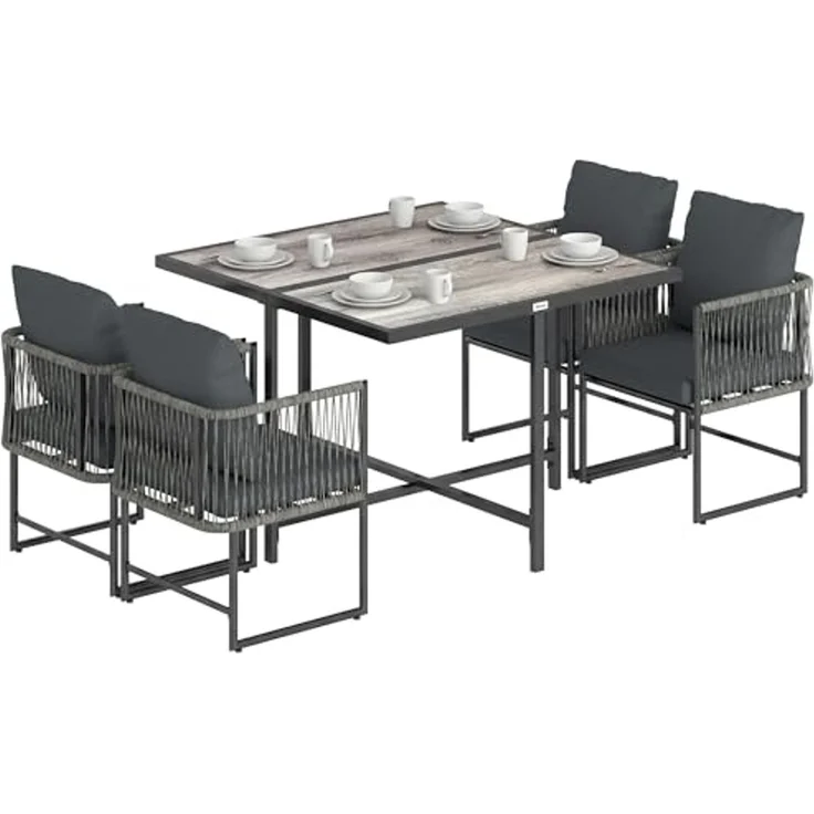 Outsunny Garten-Essgruppe mit 4 Stühlen, DPC-Tischplatte, abnehmbar Kissen, (Gartenset, 5-tlg, Gartenmöbel Set), für Garten Balkon Terrasse – Bild 1