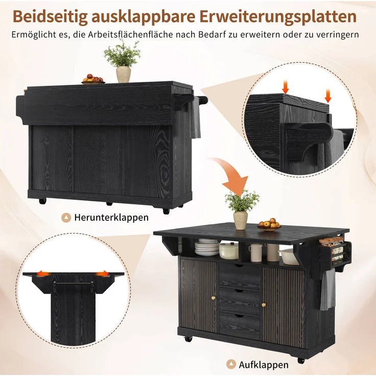 Küchenwagen MDF mit 3 Schubladen & Klappflächen, 142,5x80x95 cm, Schwarz – Bild 8