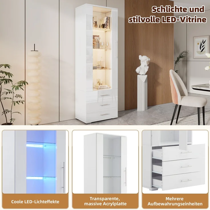 DESVIAE Vitrine aus MDF, Weiß, mit LED-Beleuchtung und 3 Schubladen, 60x180x35 cm – Bild 6