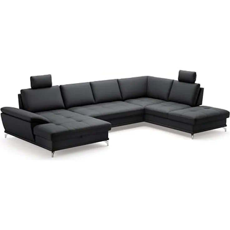 Cavadore Wohnlandschaft Castiel mit Federkern / Sofalandschaft mit XL-Longchair, Sitztiefenverstellung, Kopfstützen und satinierten Metallfüßen / 363x89-104x223 / Echtleder, Schwarz – Bild 2