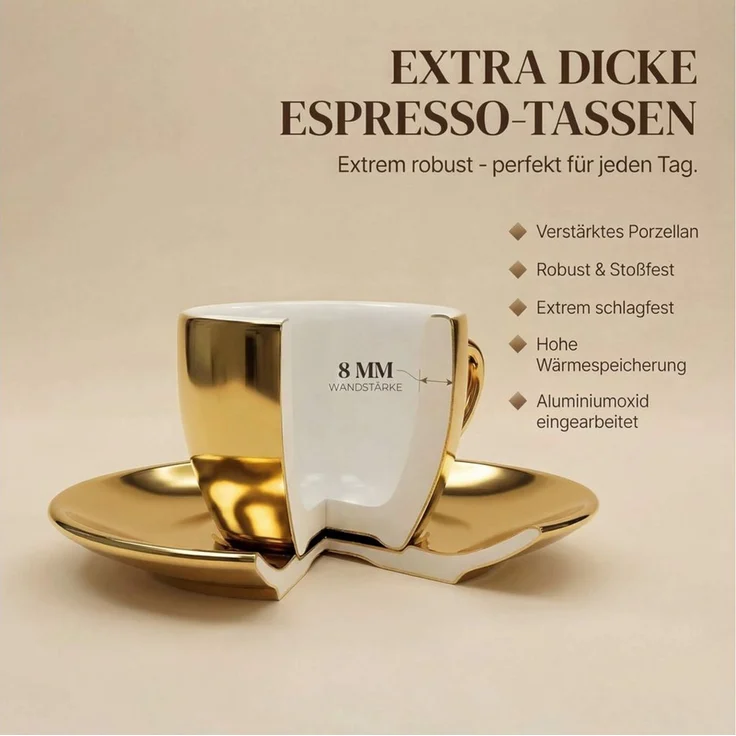 MUVELL Espressotasse 6x Espresso & Untertassen Set 0,8 cm dickwandig, goldfarben, 6-tlg, Keramik, 60 ml stoßfest und robust – Bild 3