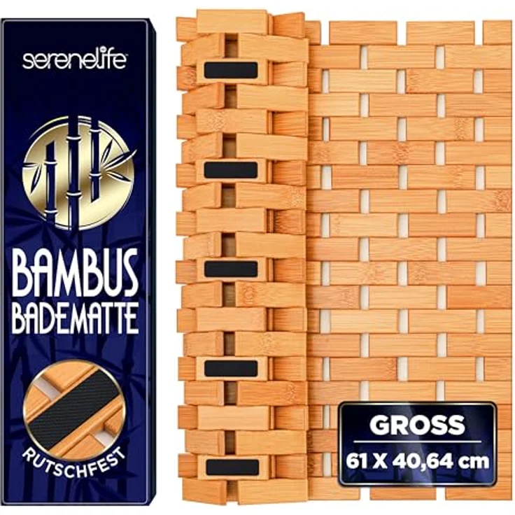 SereneLife Bambusmatte, 40x60cm Antirutschmatte Dusche, Schimmelresistent | Bambusteppich Rollbar, für Bad, Outdoor, Spa, Sauna, Küche und Terasse, Schnell Trocknend – Bild 1