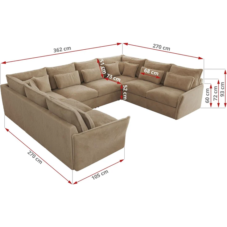 Modulares U-förmiges Wohnzimmer-Ecksofa, XXL Ecksofa mit Armlehnen, Wohnlandschaft, Universal-Ecksofa mit lockeren Kissen - VERSO U 8M - Beige Plüschstoff – Bild 8