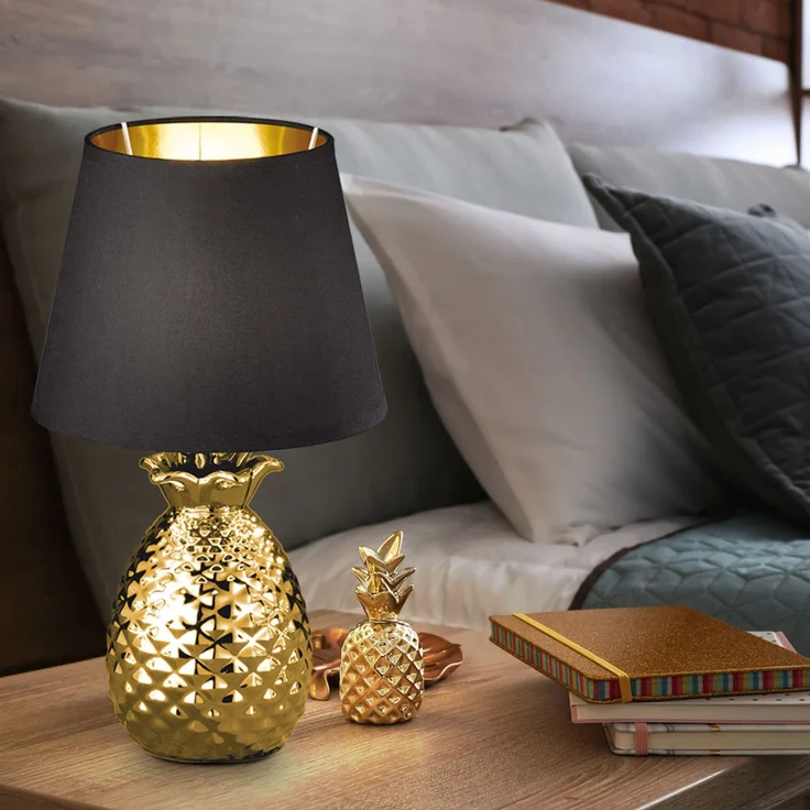 RGB LED Keramik Tischleuchte, Textil schwarz gold, H 35 cm – Bild 3