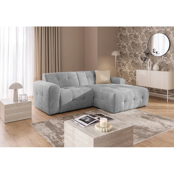 luma-home Modernes Ecksofa mit Ottomane rechts, markante Steppungen, Chenille in Hellgrau, 234 x 161 x 79cm – Bild 3