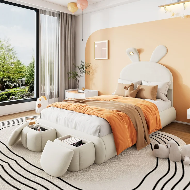 Polsterbett 90×200 mit Hasenohren & dimmbarem LED-Licht, Samtbezug Beige, inkl. Aufbewahrungshockern Einzelbett – Bild 1
