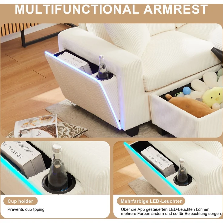6-Sitzer Wohnlandschaft B 334 x T 128,5 x H 81 cm aus Cord mit USB, Type-C und LED – Bild 9