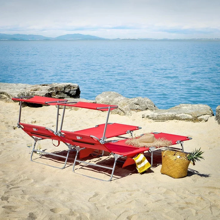 SoBuy Gartenliege OGS48x2, 2-er Set Sonnenliege mit Kopfkissen Relaxstuhl Strandliege Liegestuhl – Bild 2