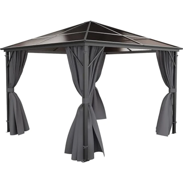 GARMIO Pavillon Rom, 3x3m, schwarze Überdachung mit Vorhang und Mückennetz, Metallgestell, wasserdicht, UV-Schutz, 2,7m Höhe, Polycarbonat Platten – Bild 6