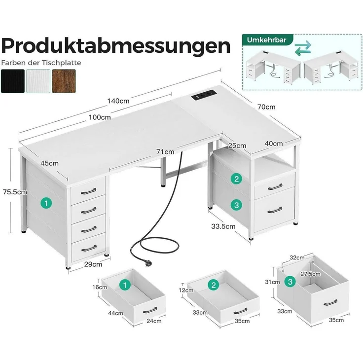 LuxusKollektion Eckschreibtisch mit Schubladen, L Form, Spanplatte Weiß, 140 x 70 cm – Bild 3