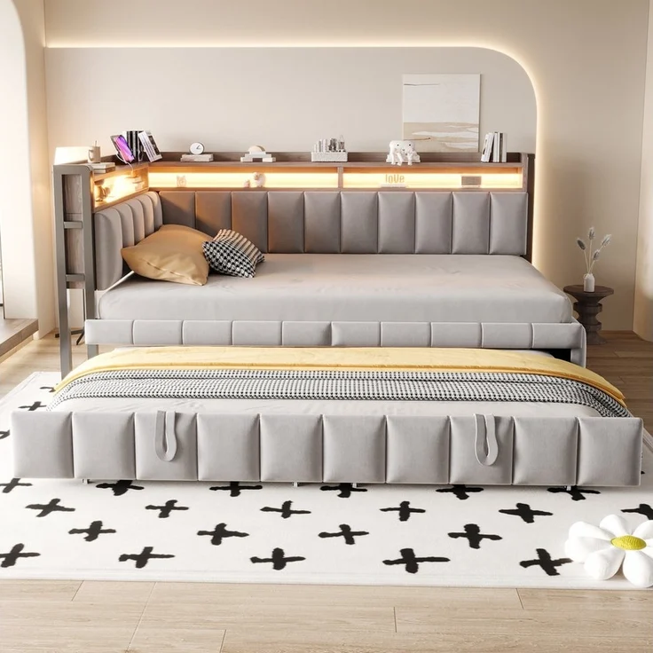 Merax Daybett 90x200cm Schlafsofa mit LED-Beleuchtung & USB-Anschluss (Sofabett Jugendbett Kinderbett, 1 tlg), Polsterbett Samtstoff Tagesbett mit Ausziehbett Stauraum Ablagefächern – Bild 1
