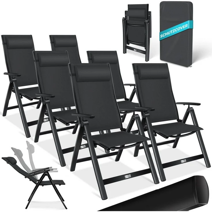KESSER® Gartenstuhl Hochlehner mit Armlehnen | Aluminium Klappstuhl inkl. Kopfkissen Campingstuhl 7-Fach Verstellbar Rückenlehne | Atmungsaktiv & Wetterfest | Klappbar & Anti-Rutsch Schwarz, 6 Stück – Bild 1