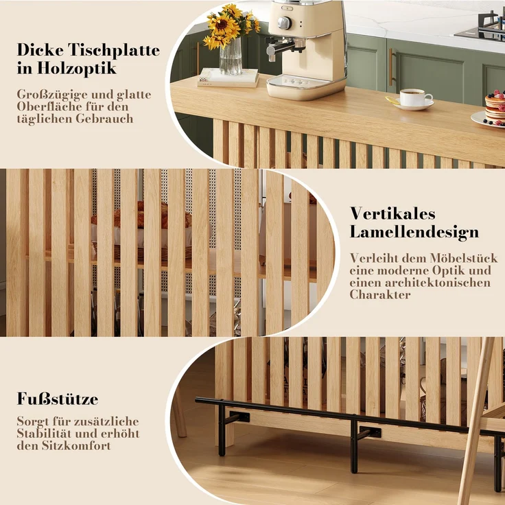 Bartisch 160 x 40 x 105 cm aus MDF in Holzoptik mit Fußstütze und 2-stufigem Regal – Bild 8