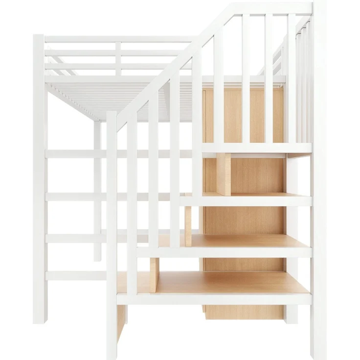 Hochbett mit RGB LED-Streifen, Schreibtisch, Treppe, Regal, Lattenrost und Kleiderschrank, 140x200 cm, Kinderbett mit Rausfallschutz, Metallbett – Bild 10