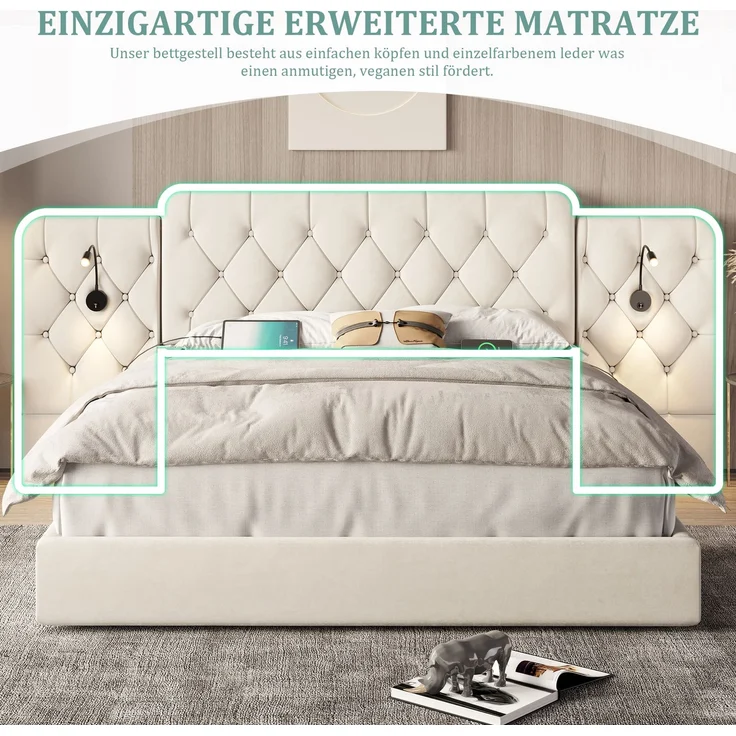 Polsterbett, Samt mit USB-Anschluss, Leselampen & Stauraum, 160x200 cm, Beige, ohne Matratze – Bild 6