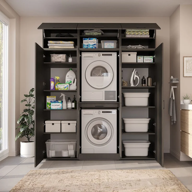 Roomart Waschmaschinenschrank - DORA-I- 190 cm breit - Wasch- & Trocknerschrank mit 2 Hochschränken, Türen & Ausziehbrett, Waschmaschinen-Überbau für Waschküche & Hauswirtschaftsraum • Schwarz-Eiche – Bild 6
