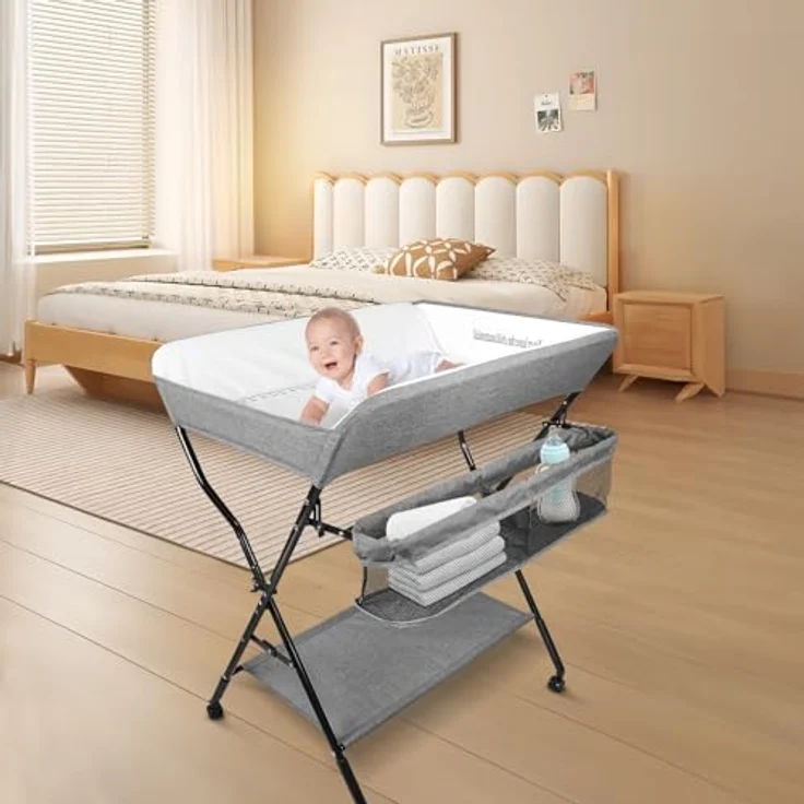 OHMG Baby Wickelkombi Klappbare Wickelkommode,Wickeltisch mit Rollen,Mobiler Wickeltisch mit Wickelauflage,Sicherheitsgurt und Ablagefächern,Wasserdicht und Höhenverstellbar,Stabil – Bild 9