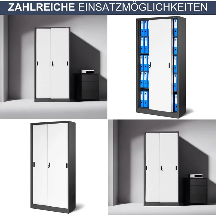 Aktenschrank abschließbar ROLF - Schiebetüren, 5 Ebenen | Büroschrank aus Stahl Metallschrank Werkstatt Mehrzweckschrank Werkzeugschrank, 185x90x40cm Anthrazit-Weiß – Bild 6