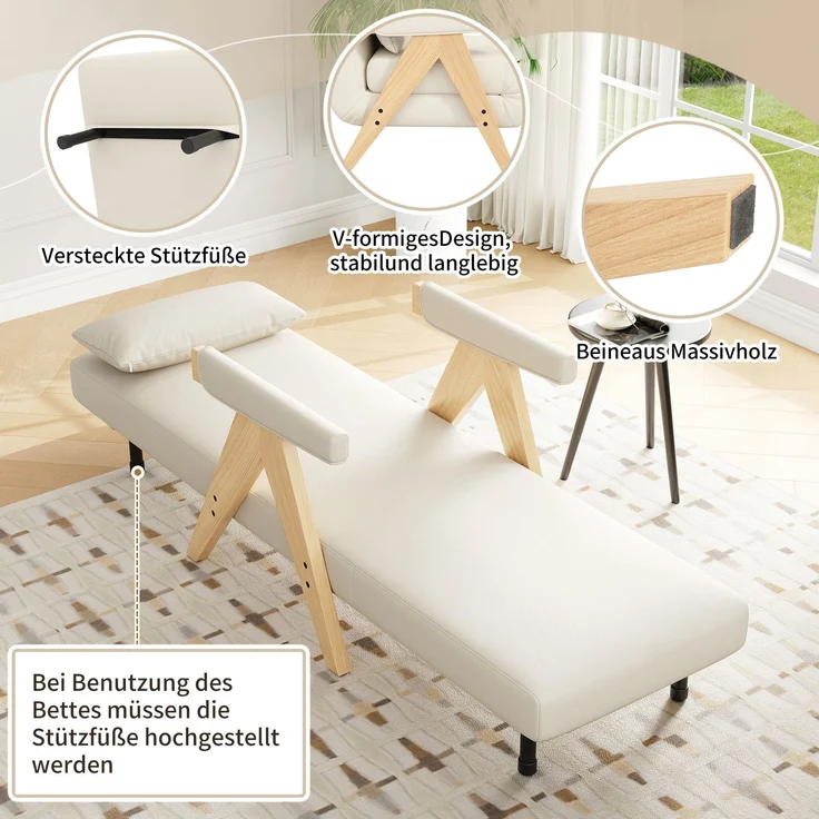Sessel Leinen 3-in-1 verstellbar, 87 x 60 x 64 cm – Relaxsessel mit 6-stufiger Rückenlehne & Massivholzfüßen,Beige & Natur – Bild 6