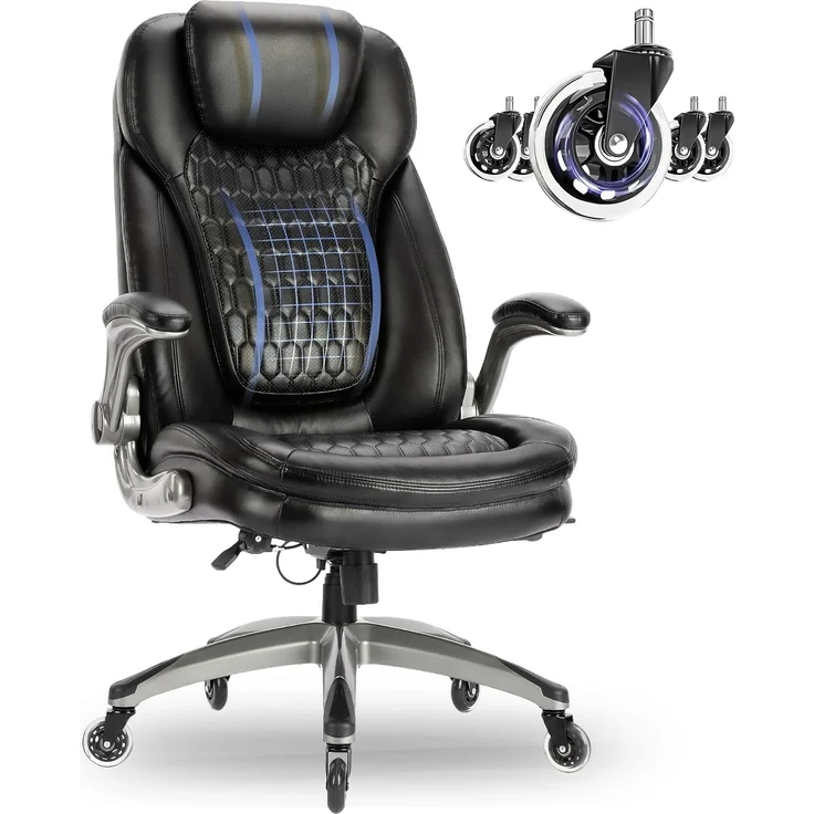 COLAMY Hochlehner Chefsessel aus Leder, Ergonomischer Bürostuhl mit Flip-up-Armlehnen & höhenverstellbar - Office Chair mit leisen Rollen für Homeoffice und Büro-Schwarz