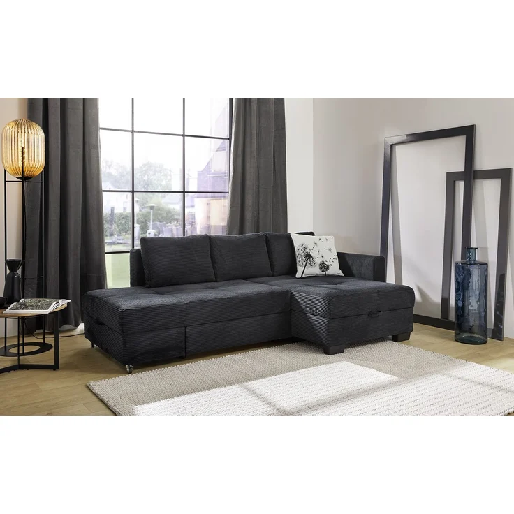 Ecksofa Schwenkfunktion Doppelbett Schlafcouch Bettkasten Cordbezug in Schwarz – Bild 2