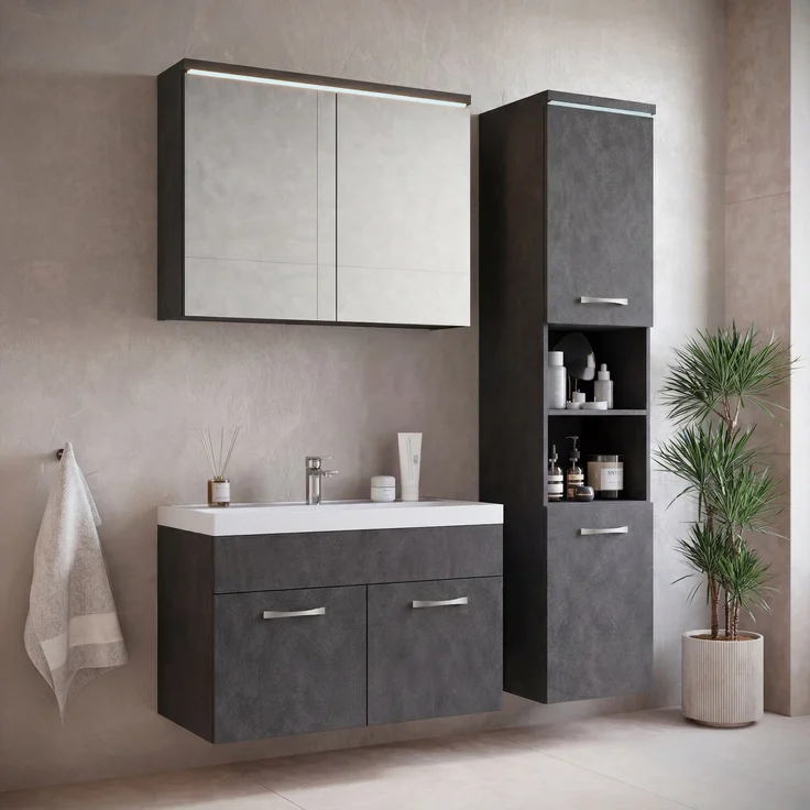 Badplaats Badezimmermöbel Set Paso 80 x 40 cm – Dunkelgrau – Waschtischunterschrank mit Spiegelschrank und Seitenschrank – Bild 3