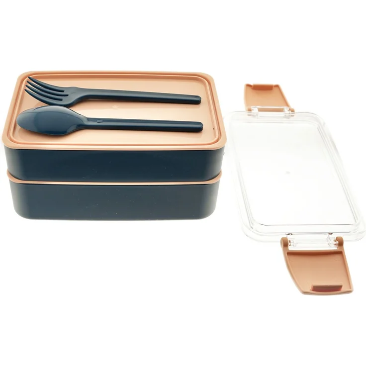 Lunchbox 4-teilig mit Fächern & Besteck - Brotdose für Schule & Büro Dunkelblau-Rosa – Bild 2