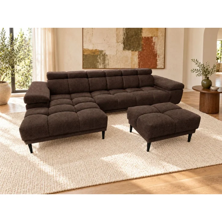 Ecksofa Schlafsofa SENVELIO RELAX inkl. Hocker Stoff Glam Schokobraun Ottomane Links – Bild 1