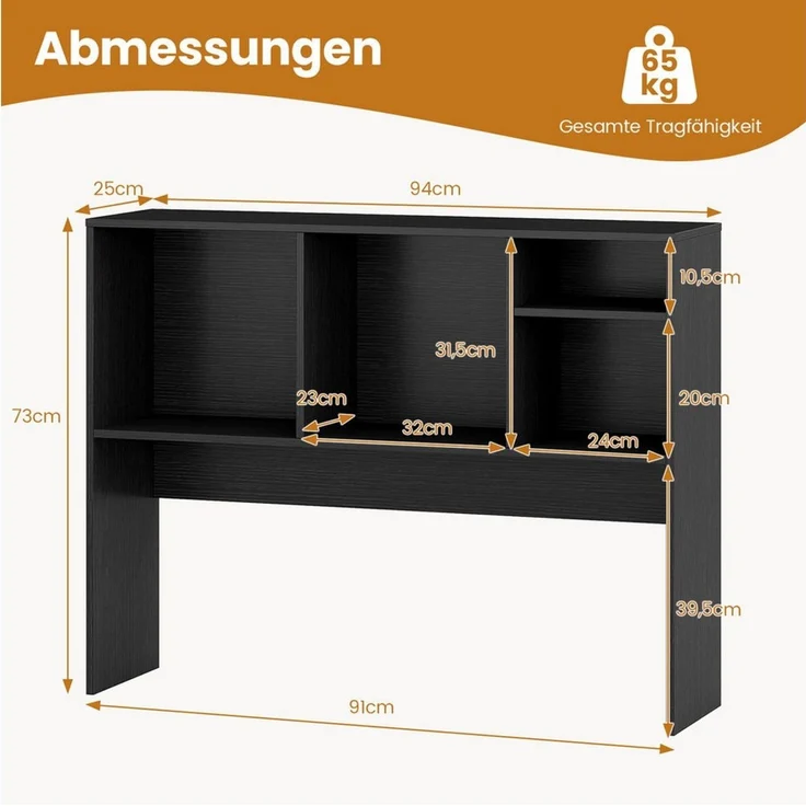 COSTWAY Bücherregal, Aufsatzregal mit 4 Fächern, bis 65 kg, 94x25x73cm – Bild 2