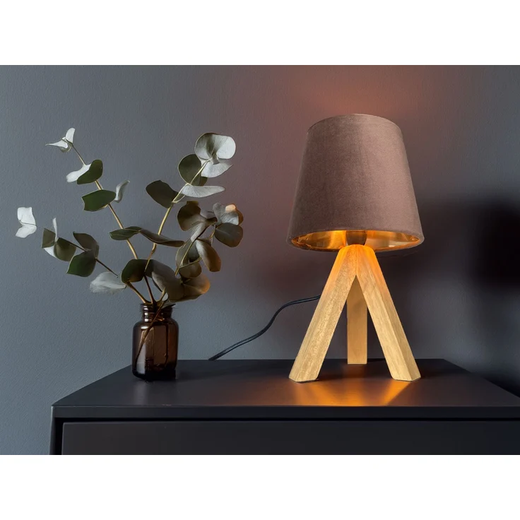 Tischlampe mit Dreibein aus Holz, Samtschirm Braun Gold, Höhe 27cm – Bild 1